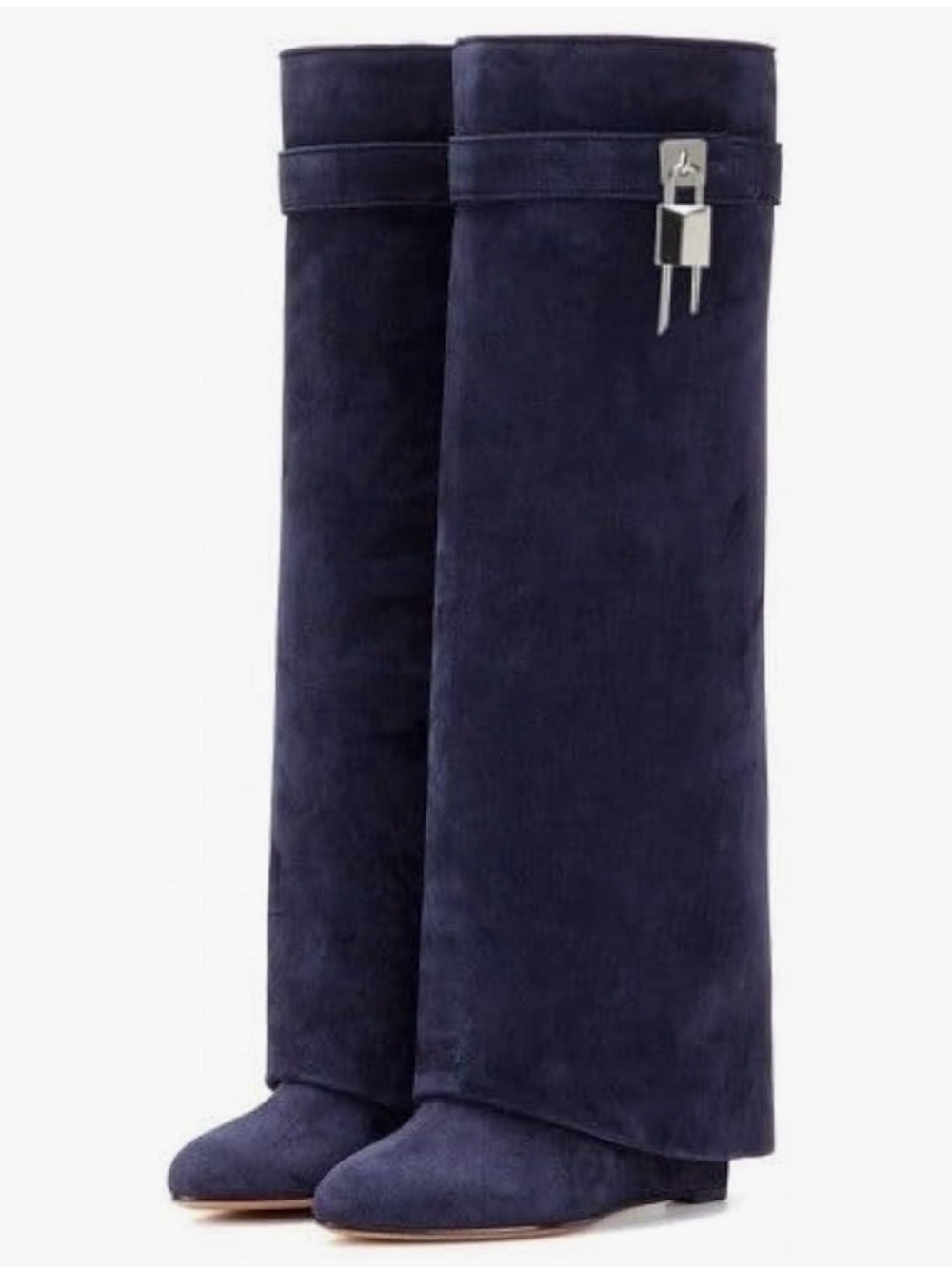 Navy faux Suede wedge Boots with Silver Padlock Accent